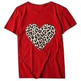 Xniral Damen Top Bluse Bequem Lässig Mode T-Shirt Frühling Sommer Blusen Frauen Lose Oansatz Spitze der Art und Weisefrauen kurzärmliges Herz Buchstabe Druck(b-rot,M)