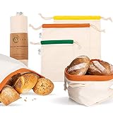 Vatum Brotbeutel 3er Set aus Bio Baumwolle (GOTS) - Obst- und Gemüsebeutel für Zero Waste inkl. E-Book - umweltfreundlicher Brotsack mit Kordelzug - Wiederverwendbare Baumwollb