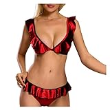QUINTRA Damen Bikini Set Rüschen Volant Sexy Bauchweg mit Bikinihose Zweiteiliger Bademode Strandkleidung (Rot, S)