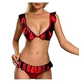 QUINTRA Damen Bikini Set Rüschen Volant Sexy Bauchweg mit Bikinihose Zweiteiliger Bademode Strandkleidung (Rot, S)