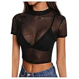 Damen Sexy Crop Top Transparent Mesh Shirt Oberteile Kurz Bauchfrei Bustier Tops Party Clubwear T-Shirt B