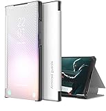 TYWZ Hülle für Xiaomi Redmi Note 10 4G,Flip Transluzent View Mirror Spiegel Schutzhülle Intelligenten Tasche Standfunktion Smart Cover-Silb