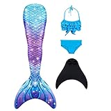 DNFUN Mädchen Meerjungfrauenschwanz Zum Schwimmen mit Meerjungfrau Flosse - Prinzessin Cosplay Meerjungfrauenflosse zum Schwimmen, 4 Stück Set,G5+WJF46,150