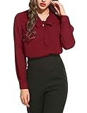 ACEVOG Damen Elegant Business Chiffonbluse Schluppenshirt T-Shirt mit Schleife V-Ausschnitt Bluse Hemd Oberteil XL, Weinrot_