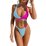 EpicLife Sexy Damen-Bikini-Set, kontrastfarbene Farben, V-Ausschnitt, gepolsterte Oberteile, niedriger Bund, 2-teiliges Badeanzug., Blau Rose Rot, L