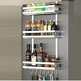 ZAQI Gewürzregal Großer Kühlschrank-Organizer, Schwerlast Großes 3 Regal Gewürzdosen-Rack-Halter, 7 Haken, Küche Badezimmer Kabinett Speisekammer Kühlschranktür, 35kg Laden (Color : Silver)