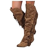 Dasongff Damen Kniestiefel Fransen Cowboy-Stiefel Fransen Klassischer Halbhohe Stiefel Mit Blockabsatz Vintage Spitz Stiefel Wildleder Kniehohe B