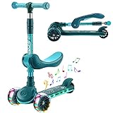 LSWZZ Kinderroller ab 3 Jahre Faltbar Kinder Roller mit LED Räder Musik Dreiradscooter für Mädchen und Jungen Höhenverstellbar Lenker, Kinderscooter, Hinterbremsen, 80kg Belastbar (Mit Sitzen)