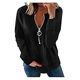 Minenany Damen Pullover V-Ausschnitt Einfarbig Sweatshirt Weich Bequem Pulli Lässig Halber Reißverschluss Langarmshirt Top