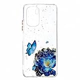 Nadoli Hülle für Xiaomi Poco F3,Kristallklar Glänzend Glitzer Bling Blau Blumen Schmetterling Weiche Dünn Kratzfest Hart Schutzhülle Handyhülle mit TPU Silikon R