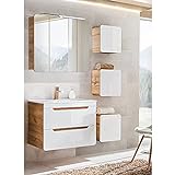Lomadox Badmöbel Badezimmermöbel Set, Hochglanz weiß mit Wotaneiche, Waschtisch-Unterschrank mit 80cm Keramik-Waschbecken, LED-Spiegelschrank, 3 Hängeschränk