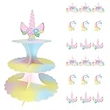 Einhorn-Cupcake-Ständer aus Karton mit 3 Reifen, Einhorn-Leckerli-Ständer für Geburtstag, Babyparty, Dinosaurier-Themenpartys, Dessert-Ständer (1 Cupcake-Ständer + 18 Aufsätze)