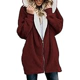 Therlop Wintermäntel für Damen, Kapuzenpullover, warm, mit Fleece gefüttert, Reißverschluss für Damen, flauschig, übergroß, warmer Pullover mit großer Mütze, weinrot, 36