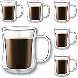Binego doppelwandige Glas Thermogläser Kaffeegläser mit Henkel | Große Latte Macchiato Kaffee Gläser Teegläser | [6er Set] [250 ml]