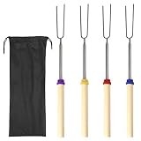 nuoshen 4 Stück Barbecue Sticks, 31cm-82.5cm Ausziehbar Edelstahl Grillgabel Grillspieße BBQ Gabeln mit Isolierten Holzgriff und Schwarze Aufbewahrungstasche für Barbecue Camping Lag
