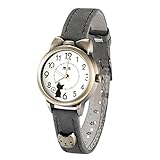 DREAMING Q&P Damen Analog Quarz Uhr mit Grau Echtleder Armband Katze Design MW234B