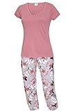 kbsocken Langer Damen Schlafanzug Nachtwäsche Pyjama Schlafhose lange Hose mit Blumenmotiv T-Shirt Rosa S M L XL (M)