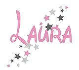 Türaufkleber mit Wunschnamen, 73064-29cm-tricolore-rosa-dunkelgrau-grau, Sterne Mädchenzimmer, Kinderzimmer Mädchen, Wandaufkleb