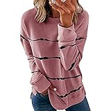 N /D Lässiges Damen-Sweatshirt mit Rundhalsausschnitt, Batikfärbung, gestreift, langärmelig, Pullover, rose, 36