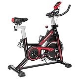 SONGMICS Heimtrainer, Fitnessfahrrad, Hometrainer, mit verstellbarem Lenker, Sitz und Widerstand, Pulsmessung, Pedale mit Fußkorb, schwarz-rot SEB617R01