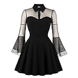 Genorsk Gothic Flare Ärmelnähte Kleid Damen Plus Größe Reine Farbe Retro Cosplay Party Sexy Schlanke Kurze Kleider (S-4XL)