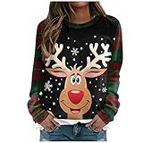 Weihnachtspulli Damen Lang,Weihnachtspullover Damen Lustig 3D Drucken Schön Oversize Baumwolle Winter Warm Langarm ohne Kapuze Weihnachten Sweatshirt Pullover Weihnachtsp