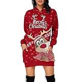 RKaixuni Damen Kawaii Elch Weihnachtskleid Lang Hoodie mit Kapuze Winterkleid Rundhals Kurz Langarm Kleider Tunika Sweatkleid Blusenkleid Hemdkleid Shirtkleid Minikleid Dirndl D