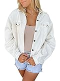 Langärmelige Jeansjacke für Mädchen, Herbst/Damen, Freizeit-Stil, einfarbig, Revers, einreihig, raue Webkante, Mantel mit Tasche, weiß, 42