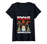Damen Frohe Weihnachten süßes Rentier mit Maske T-Shirt mit V