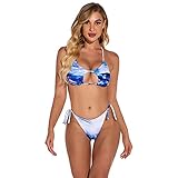 Beccom Sexy Bikini Damen Bademode Blumendruck Streifen Biquini Bikini Push Up Badeanzug Hight Waist Halter Bikini Set Zweiteilige Bademode, blau, XL/XXL