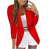 CEFGR Damen Blazer Elegant Open Front Business Anzugjacke Sportlich Stretch Damen Jacke Mit Taschen Langarm Einfarbig AnzüGe Umlegekragen BüRo Mantel Slim Bolero Tasche (Rot, XXL)