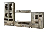 Bonanza Vintage Wohnwand Komplett-Set in Driftwood Optik - Retro Schrankwand für Ihr Wohnzimmer - 342 x 189 x 52 cm (B/H/T)