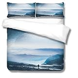 GFWDPG 3-teiliges Bettbezug-Set Tagesdecken-Set, Blauer weltraumplanet (240x220cm) Bettwäsche-Set, Bettbezug mit Reißverschluss, atmungsaktiv, langlebig 1 Deckenbezug und 2 Kissenbezüge,