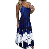 MRULIC Sommerkleid Damen Camisole Ohne Arm BöHmen Drucken Schulterfrei Maxikleid Vintage Lose Strandkleider Party Kleider Rockabilly Abendkleid(Blau,3XL)