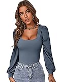 DIDK Damen T-Shirts U-Ausschnitt Langarm Schmal Oberteile Pullover Casual Langarmshirt Basic Tops Blau M