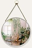 Wandspiegel rund Holz weiß, runder Spiegel 48 cm Ø mit Verstellbarer Seilaufhängung & Holzrahmen, Deko Rundspiegel groß Weiss, Round Mirror Wall zum Aufhängen, Holzspiegel N
