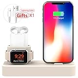 AOJUE 3 in 1 Ladestation Kompatibel mit Apple Watch Series 6/SE / 5/4/3/2/1, AirPods 1/2, iPhone 11/X/XR/Xs Max/8 (Beige)