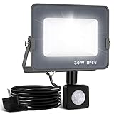 LED Strahler mit Bewegungsmelder außen, LED Fluter 30W, Superhell 2000LM 6000K Led Scheinwerfer, Flutlichtstrahler Flutlicht IP65 wasserdicht Außenstrahler, für Garten Garage Sportplatz H