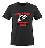 Comedy Shirts - Echte Männer Angeln Ihr Essen. - Herren V-Neck T-Shirt - Schwarz/Weiss-Rot Gr. M