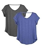 icyzone Damen Rückenfrei Yoga T-Shirt Kurzarm Sport Freizeit Tops Lose V-Ausschnitt Shirt, 2er Pack (M, Dunkelgrau/Grau-blau)