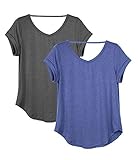 icyzone Damen Rückenfrei Yoga T-Shirt Kurzarm Sport Freizeit Tops Lose lässiges V-Ausschnitt Shirt, 2er Pack (S, Dunkelgrau/Grau-blau)