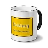 Städtetasse Dulsberg - Hansestadt Hamburg - Design Ortsschild - Stadt-Tasse, City-Mug, Becher Schw