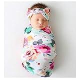 Charmlinda Neugeborenen Empfang Decke Stirnband Set Blumen/Frucht Gedruckt Baby Wickeldecke Weiche Schlafen Wickeldecken Headwraps 0-3M (Floral-Blue, One Size)