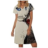 Kleider Damen Sommer Kurzarm Drucken Sommerkleider Frauen Elegant Locker T Shirt Sexy Knielang Schöne Freizeitkleid Mode Tunika Kleid Lässig Boho Sommerkleider Strandkleider S