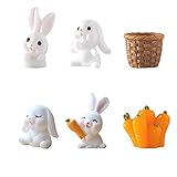 Miniatur Kaninchen Bunny Häschen Osterdeko Mini Hase Skulptur,Bunny Figuren Ornamente,Hasen Dekofigur,für Sukkulenten Fee Garten Deko Micro Landschaft Dekoration,4 Kaninchen,1 Bambuskorb,1 R