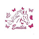 denoda® Pferd mit Schmetterlingen - Wunschname - Wandtattoo Pink 63 x 50 cm (Wandsticker Wanddekoration Wohndeko Wohnzimmer Kinderzimmer Schlafzimmer Wand Aufkleber)