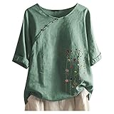 Leinen Bluse Damen Sommer Herbst Übergröße Print Tshirts Langarm Kurzarm Loose Rundhals Oberteile Frühjahr Floral Bedrucktes T-Shirt Beste Freunde für Frauen mit Tasten und Motiv Blusen Hemd Top