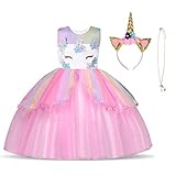 URAQT Kinder Einhorn Kostüm Kleid, Mädchen Einhorn Rock, Blumen Mädchen Ärmellos Partykleid, Geburtstagskleid Festkleid, Fasching Karneval Verkleidung mit Unicorn Outfit Set, 110cm（Rosa-B）