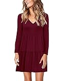 AUSELILY Damen Kleid Langarm Tunika V-Ausschnitt Mini T-Shirt Rüsche Kurze Freizeitkleider Weinrot XL