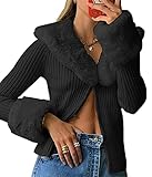 SAIJINZHI Sweater Vintage Coat Knit Cardigan V-Neck Top, Womens Long Sleeve Button Sweater with Faux Fur Trim Collar Cuffs (Black,L)